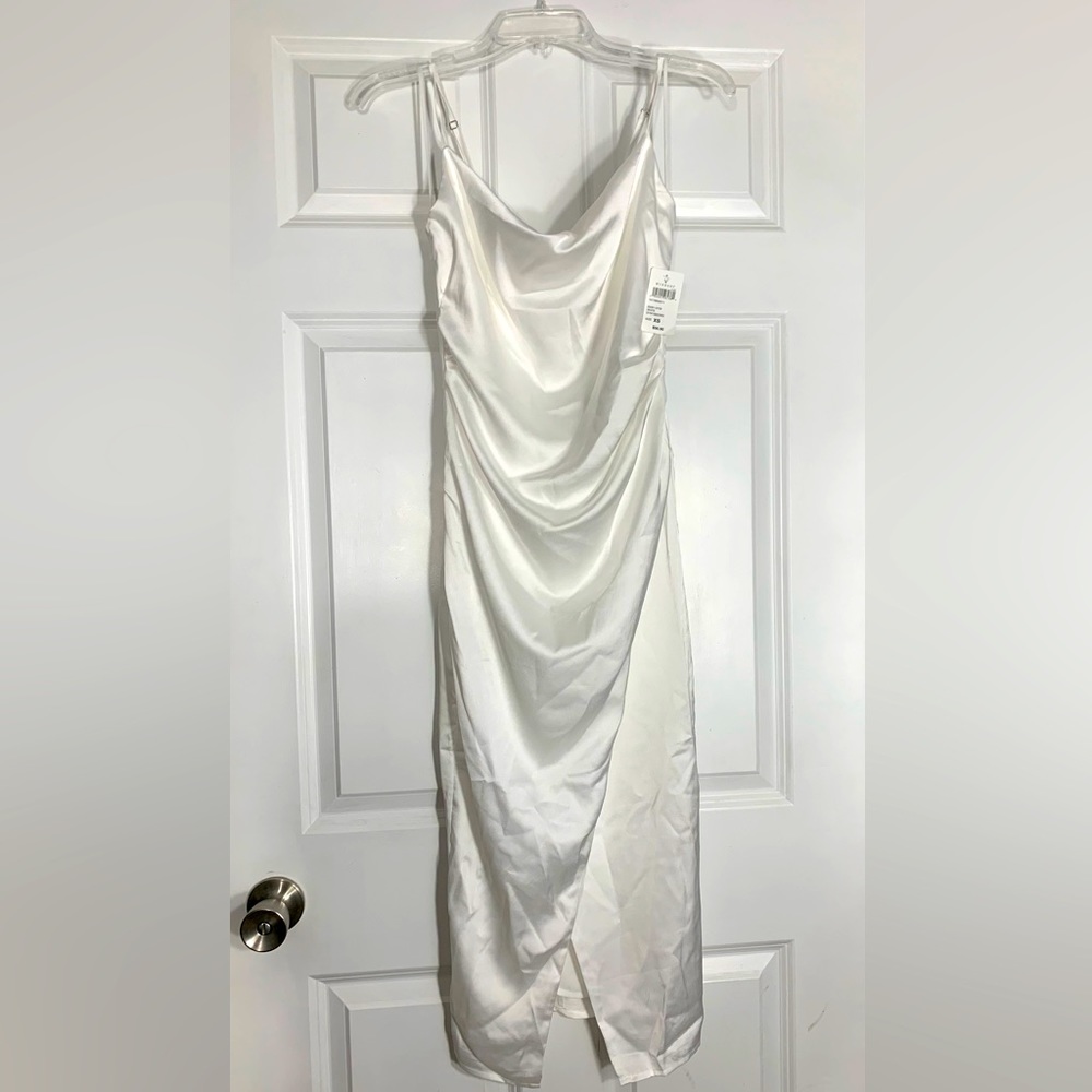 White Satin Cowl Neck Spaghetti Strap midi formal dress from Windsor